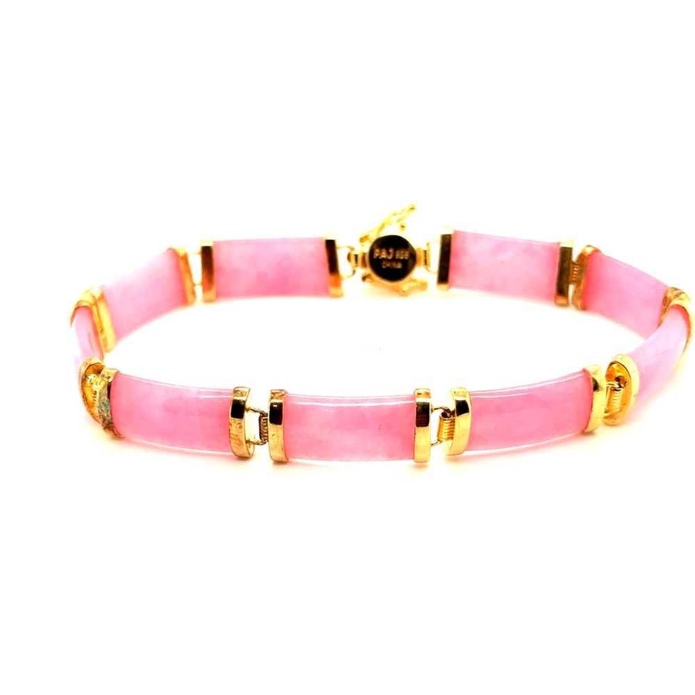 PAJ Pink Jade Bracelet 925 Sterling Silver Gold Wash Link 8 Inch Asian Style